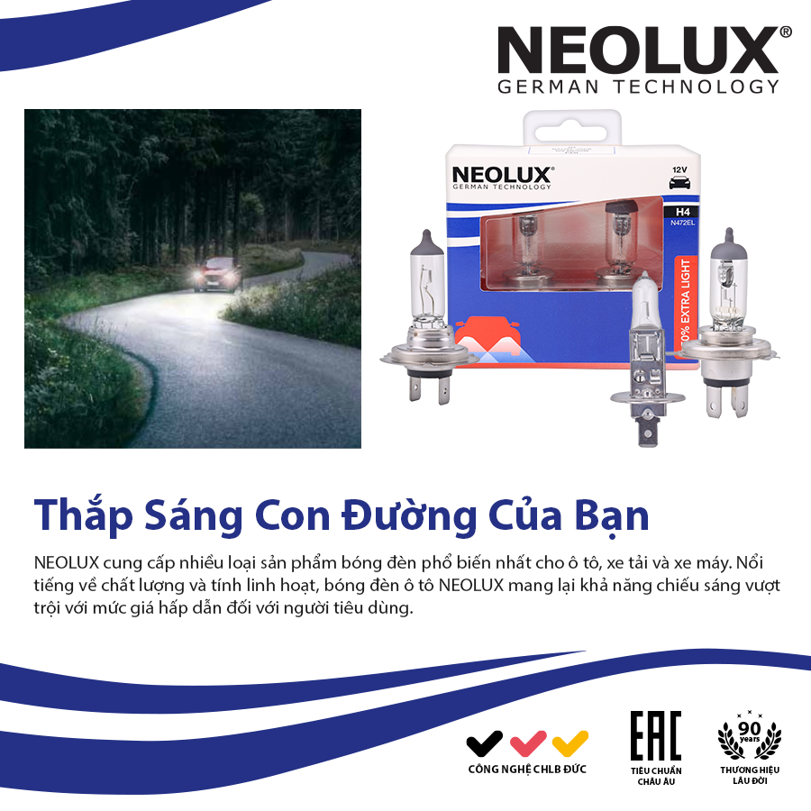 Bóng Halogen Tăng Sáng 50% H4 12V 60/55W N472EL-2SCB Hiệu Neolux
