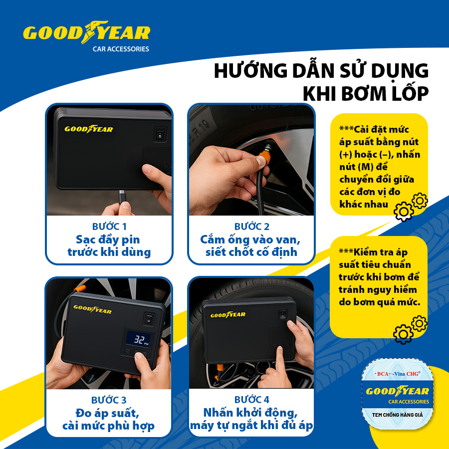Bộ kích điện+bơm hơi Goodyear GY-5296 12V 10400mAh - 400A - 38.48Wh-2.6A 150PSI-21L/min mặt đồng hồ điện tử