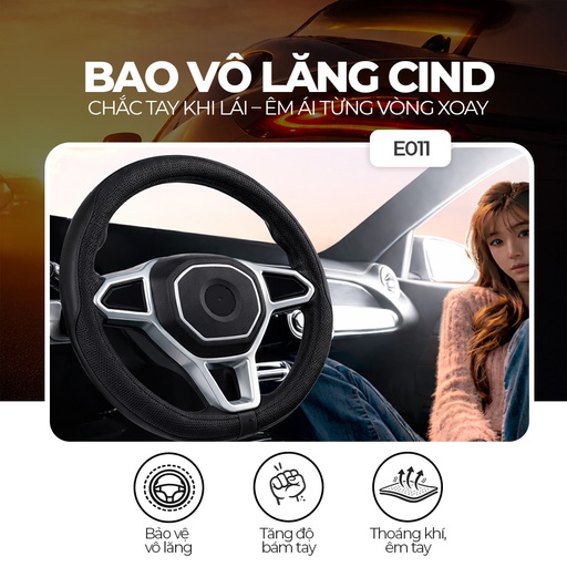 [BTLSME011D] Bao vô lăng CIND PU+TPE E011 size M đen/đen
