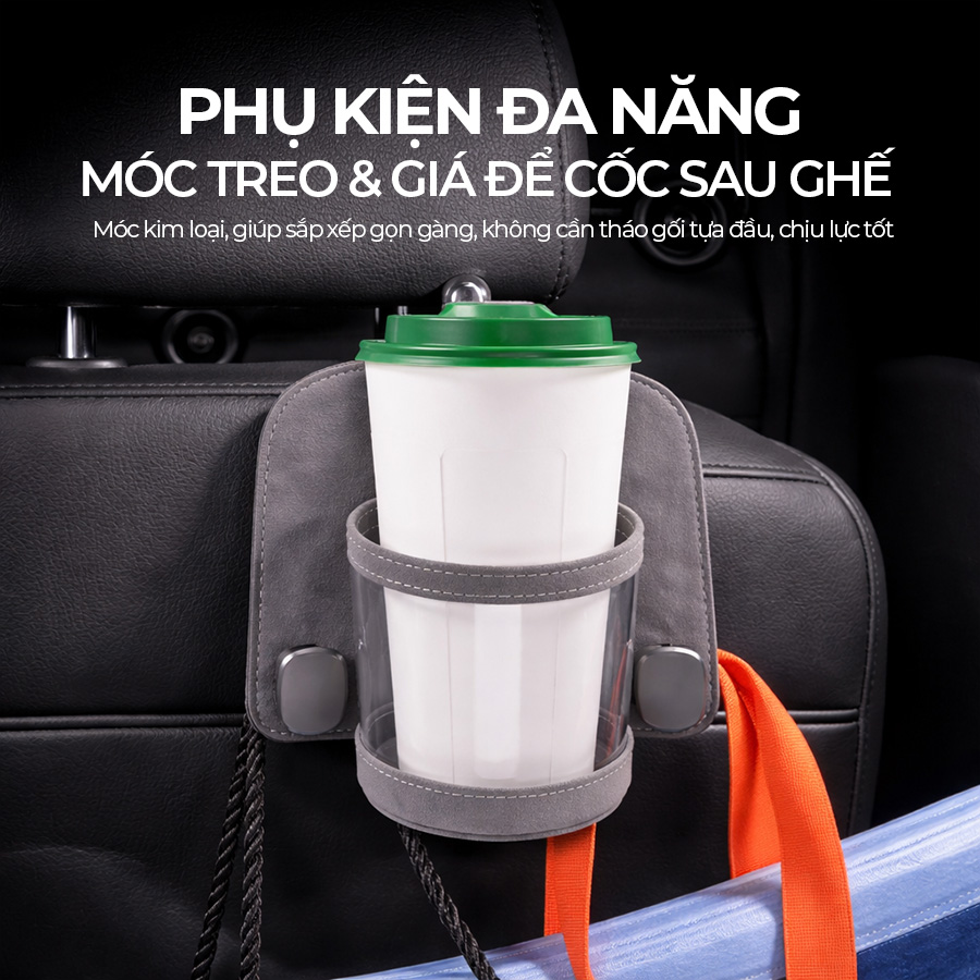 CIND BO-L021 (Xám) Móc treo đôi + đựng ly sau ghế (da)