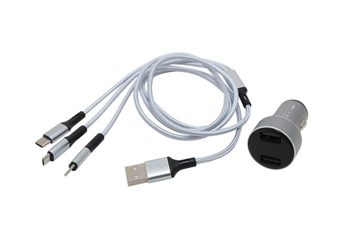 [SDTMHC74B] Bộ sạt ĐT 2 cổng + dây sạc 3 đầu C74 - 4.8A (Ip4 - Ip5 - micro USB - Type C) C74 bạc